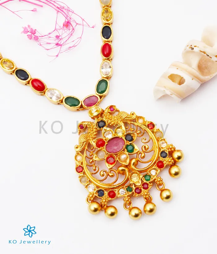 Silversmith Necklaces The Sachi Silver Peacock Navaratna Necklace