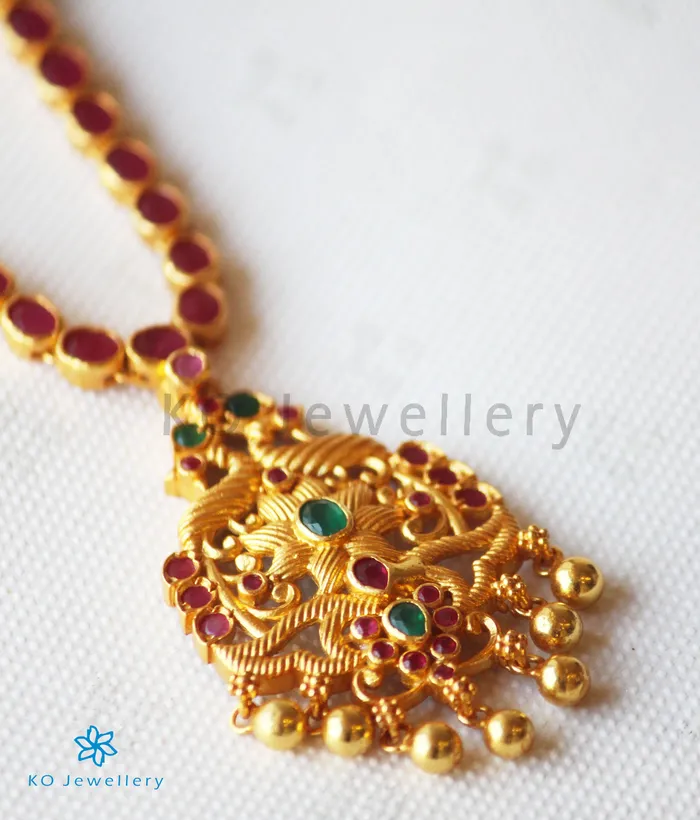 Silversmith Necklaces The Saransh Silver Kempu Peacock NecklaceRed