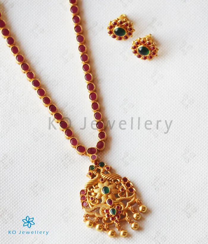 Silversmith Necklaces The Saransh Silver Kempu Peacock NecklaceRed