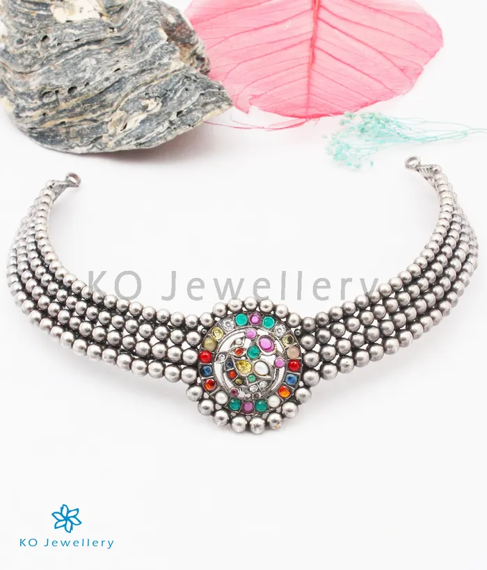 The Bhamini Silver Navratna Choker Necklace Oxidised Silversmith Necklaces The Bhamini Silver Navratna Choker Necklace Oxidised Silversmith Necklaces
