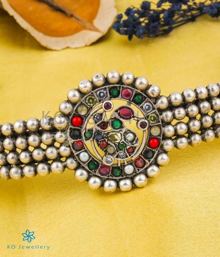 The Bhamini Silver Navratna Choker Necklace Oxidised Silversmith Necklaces
