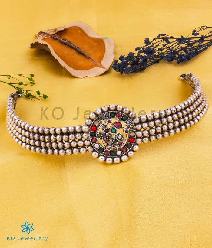 The Bhamini Silver Navratna Choker Necklace Oxidised Silversmith Necklaces