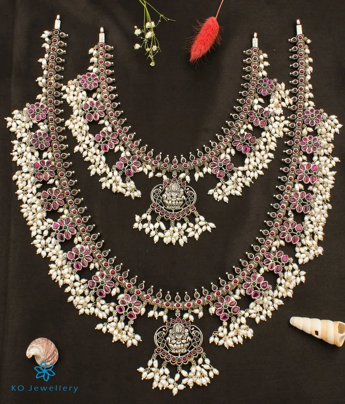 The Bhavika Silver Lakshmi Guttapusalu Necklace Set Of 2 Silversmith Necklaces