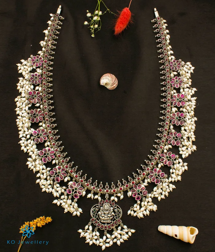 The Bhavika Silver Lakshmi Guttapusalu Necklace Set Of 2 Silversmith Necklaces