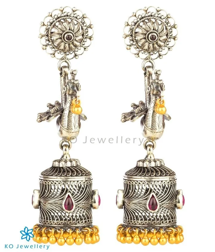 The Mayil Silver Peacock JhumkaTwotone Silversmith Rings
